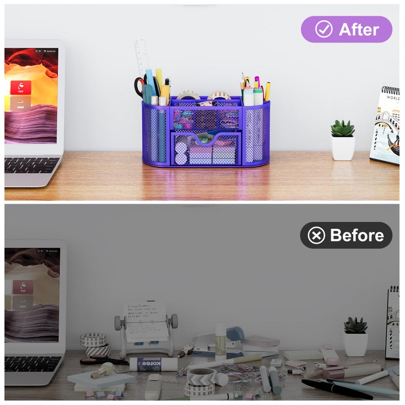 EasyPAG Mesh Pen Holder Desk Organizer with Drawer Stationery Supplies Organizer for Dorm School 9 Compartments Workspace Desk Accessories Organization for Office, Purple - Image 5